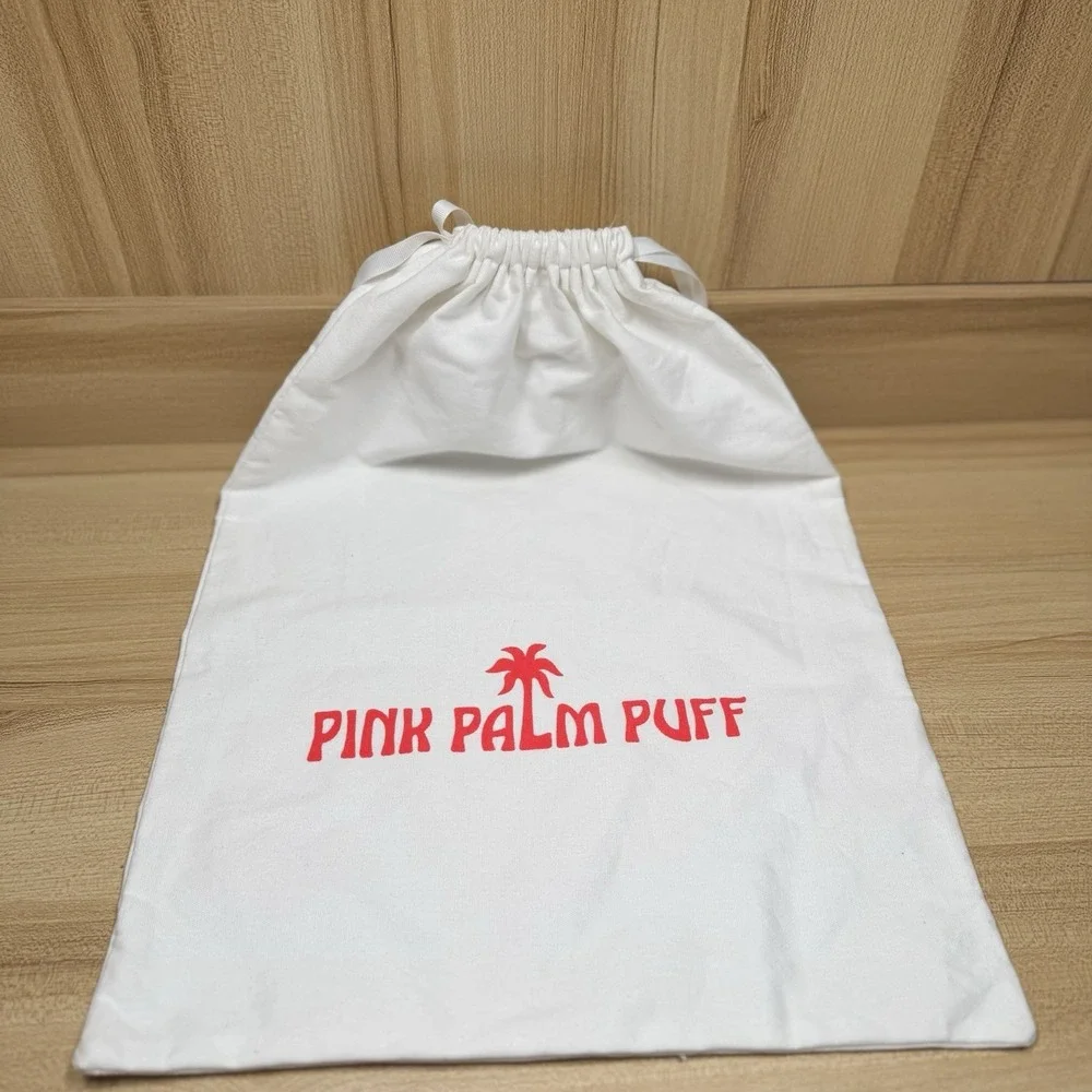 Pink Palm Puff Bag Drawstring Dust Pouch String Cream White Logo‎ Accessory